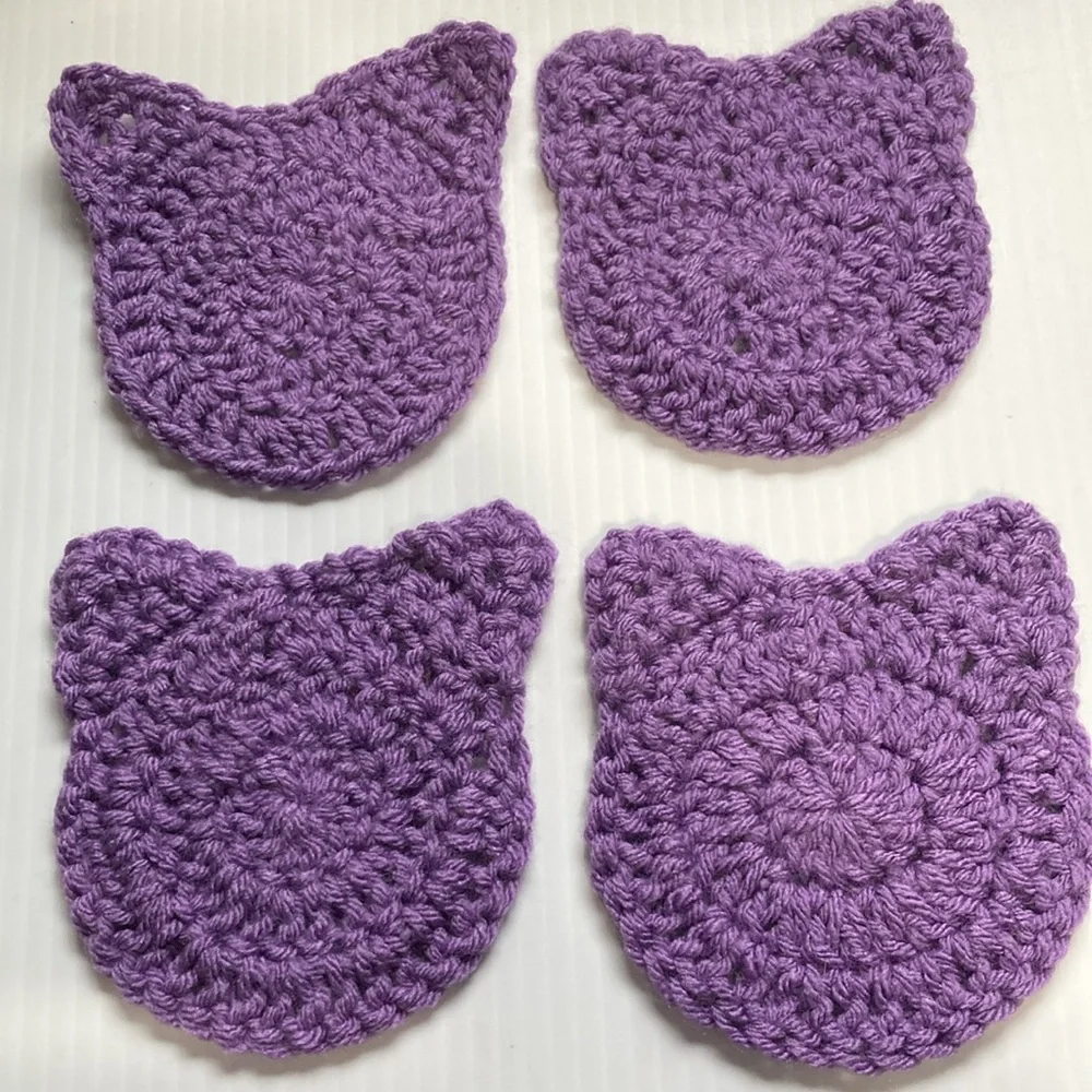 Kitty Cat COASTERS Crocheted by Hand Purple 3.75 inch Diameter Set of 4